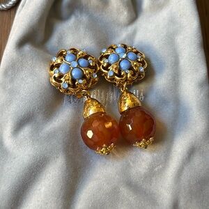 Red Carnelian and Turquoise Gold Clip on Earrings